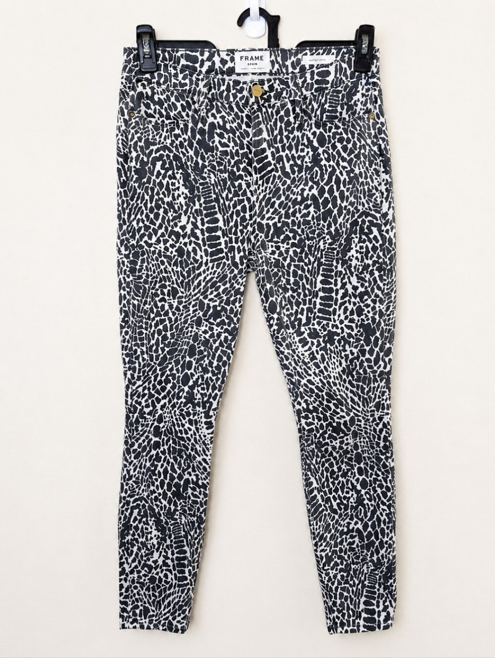FRAME Le High Skinny Jeans Womens Size 29 Black White Animal Print Stretch Denim